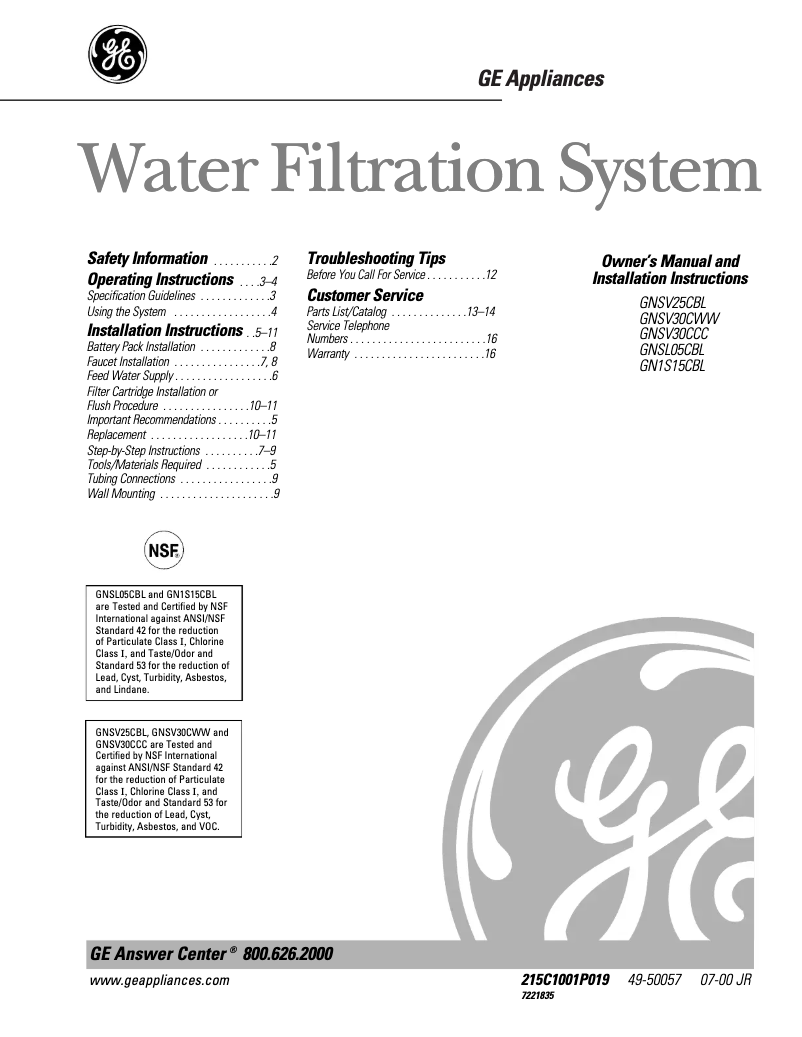 Page n°1 - Manuel d'utilisation et d'entretien GE GN1S15CBL