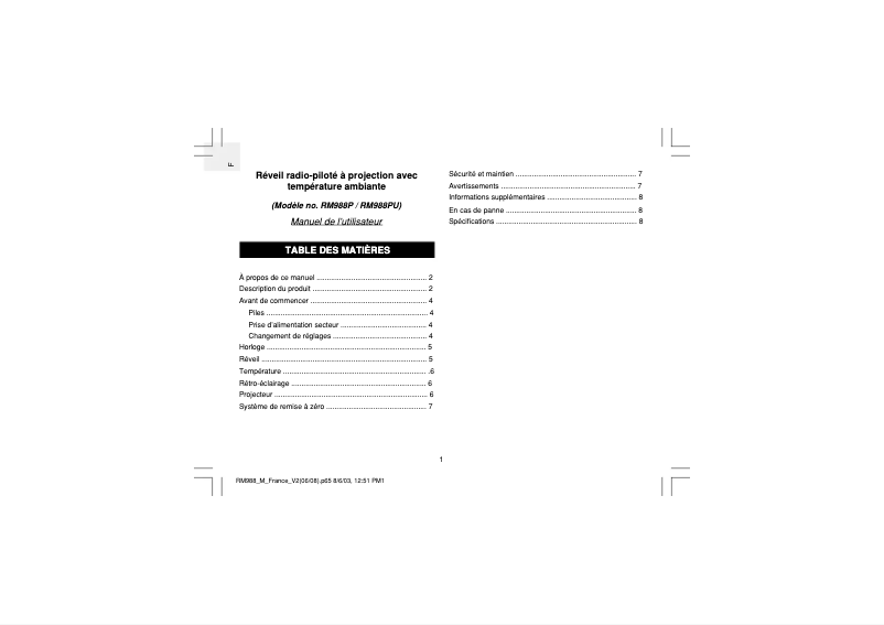 Page 1 de la notice Manuel utilisateur Oregon Scientific RM988P