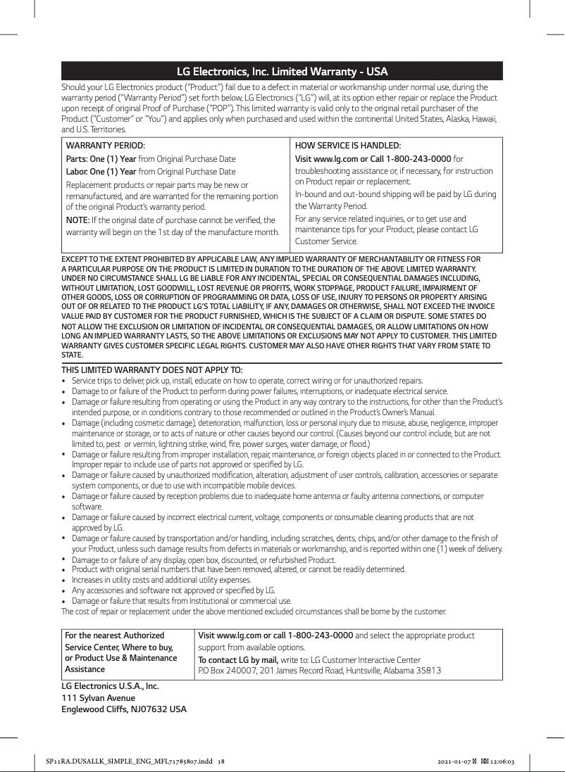 Page 1 de la notice Informations de garantie LG SP9YA