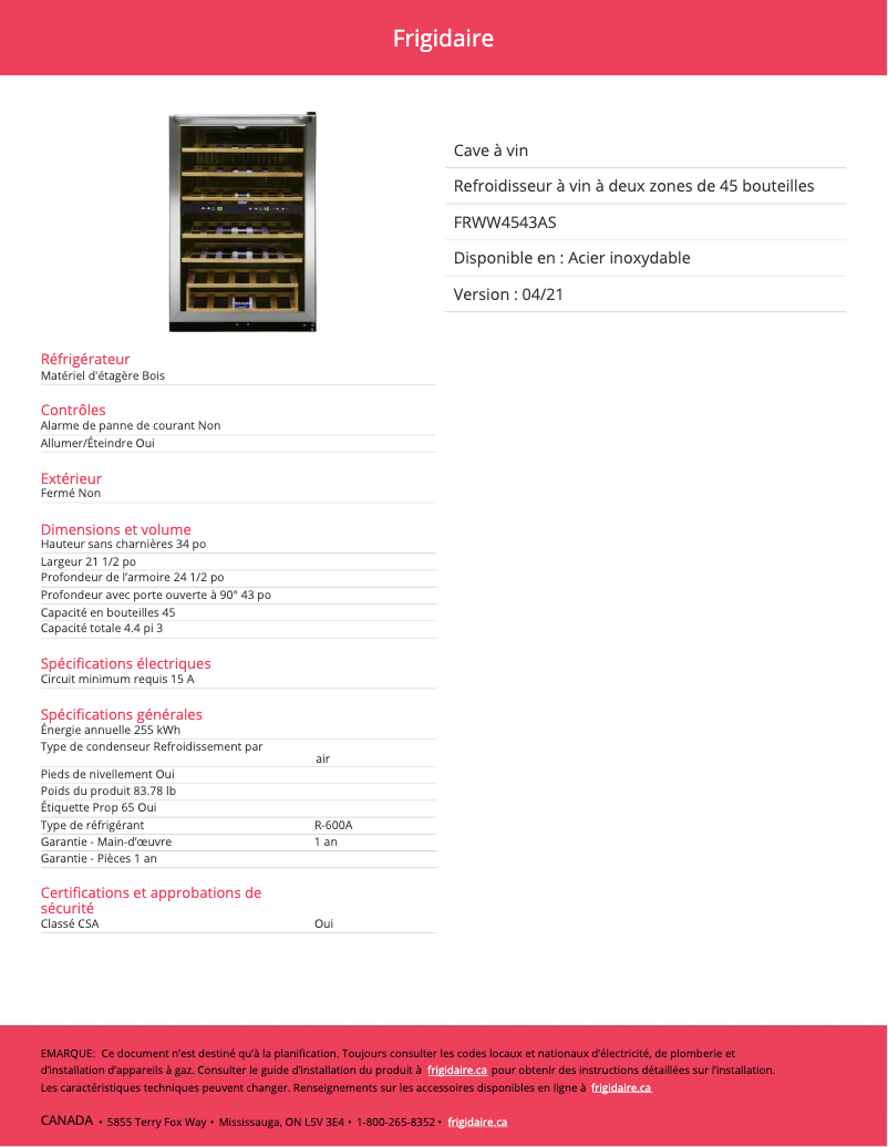 Page n°1 - Fiche technique Frigidaire FRWW4543AS