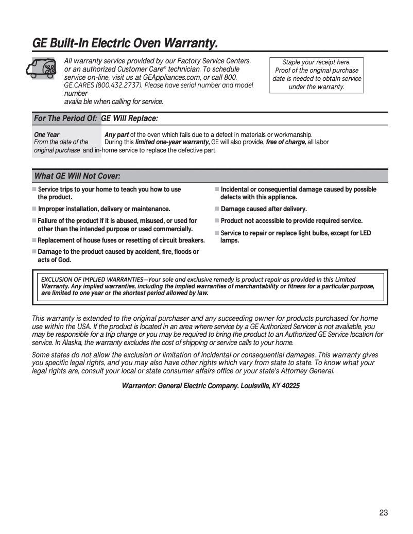 Página 1 del manual Información de garantía GE JRP20WJWW