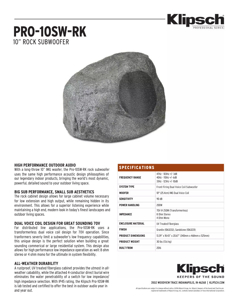 Page 1 de la notice Fiche technique Klipsch PRO-10SW-RK