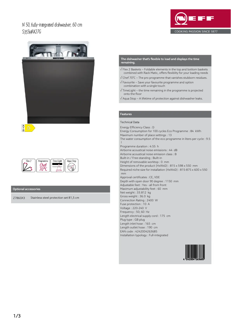 Page 1 de la notice Fiche technique Neff S355HAX27G