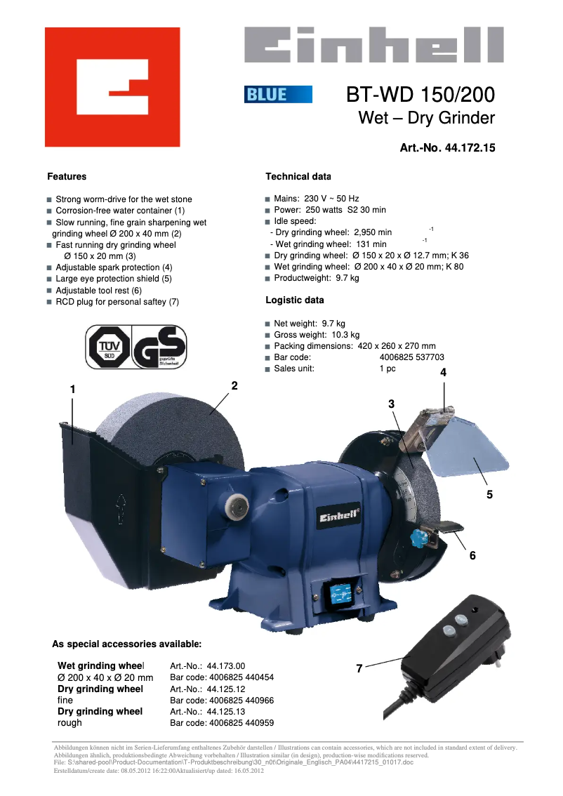 Page n°1 - Fiche technique Einhell BT-WD 150/200