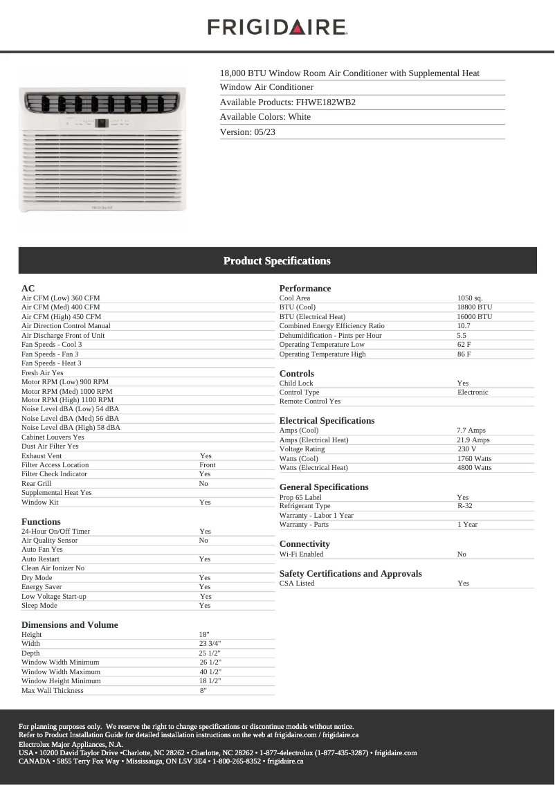 Page 1 de la notice Fiche technique Frigidaire FHWE182WB2