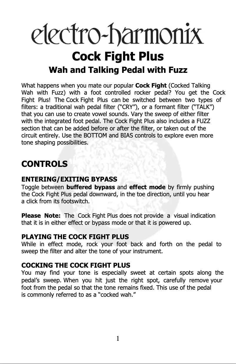 Page 1 de la notice Manuel utilisateur Electro Harmonix Cock Fight Plus T