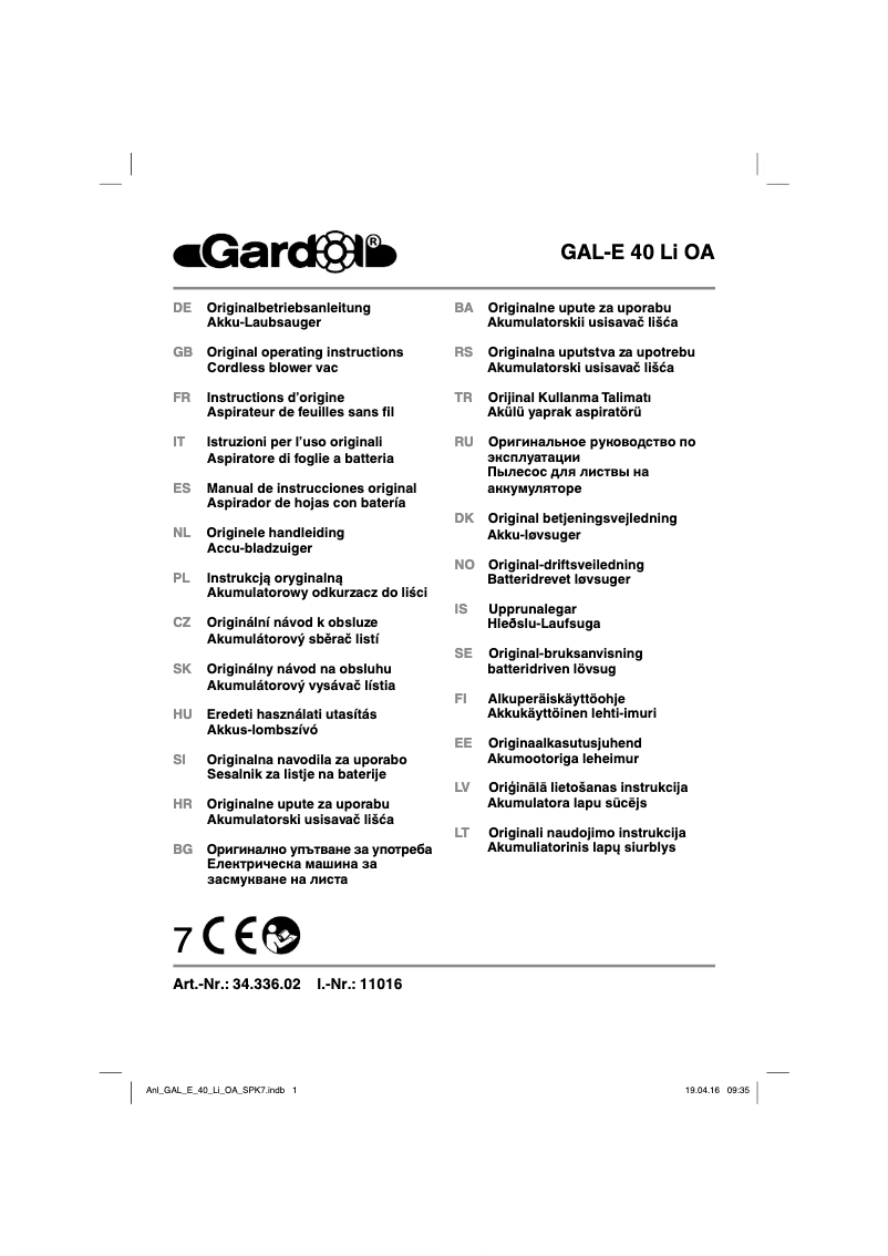 Page 1 of the manual User Manual Gardol GAL-E 40 Li OA