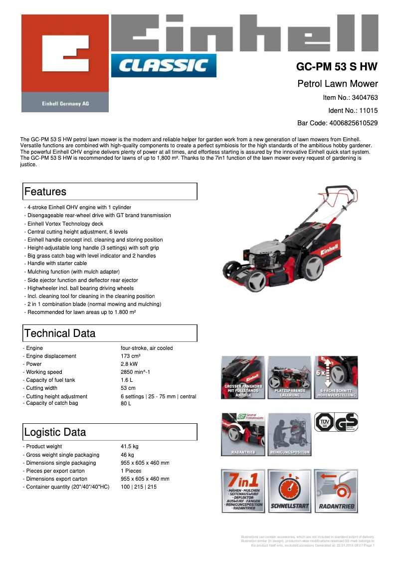 Page 1 de la notice Manuel utilisateur Einhell GC-PM 53 S HW