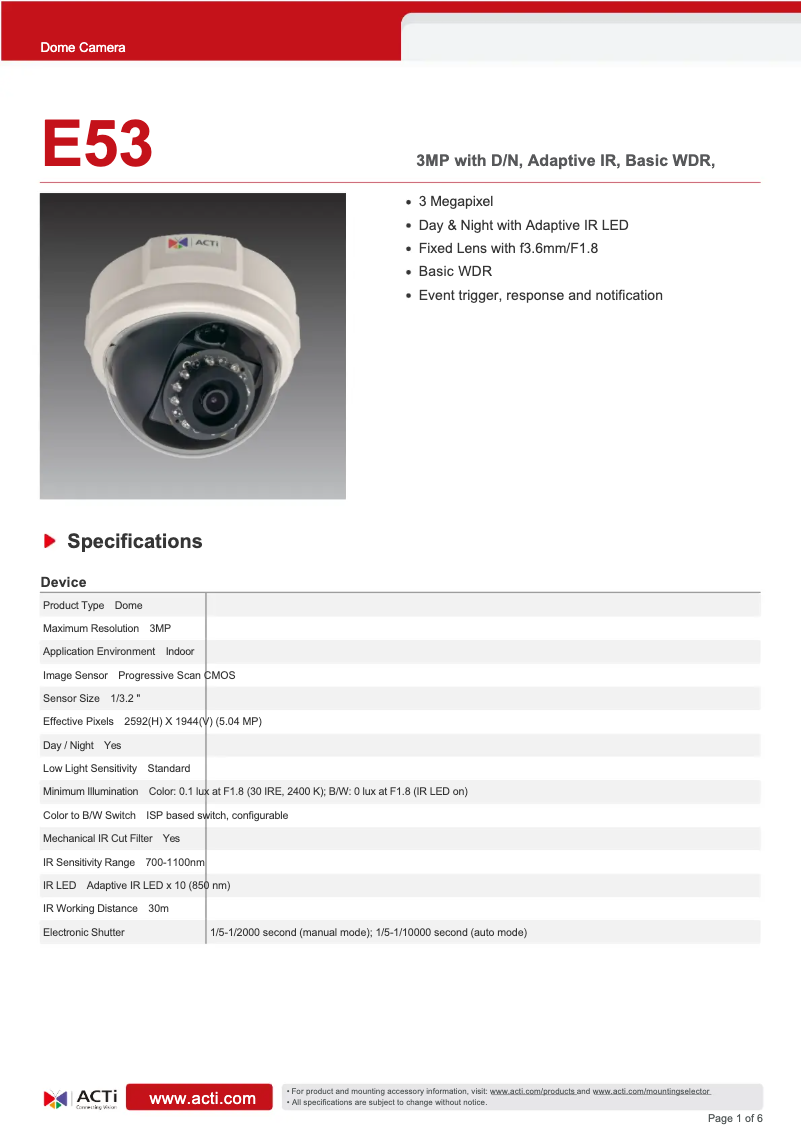 Page 1 de la notice Fiche technique ACTi E53