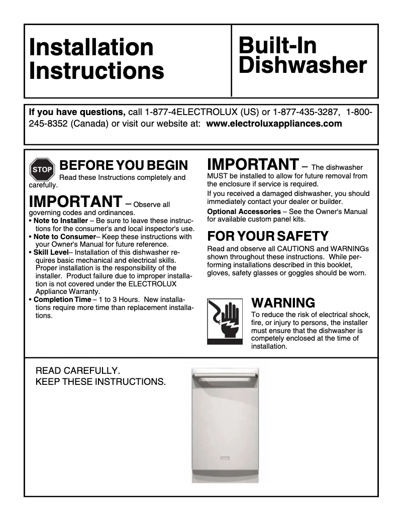 Page 1 de la notice Guide d'installation Electrolux EIDW1805K