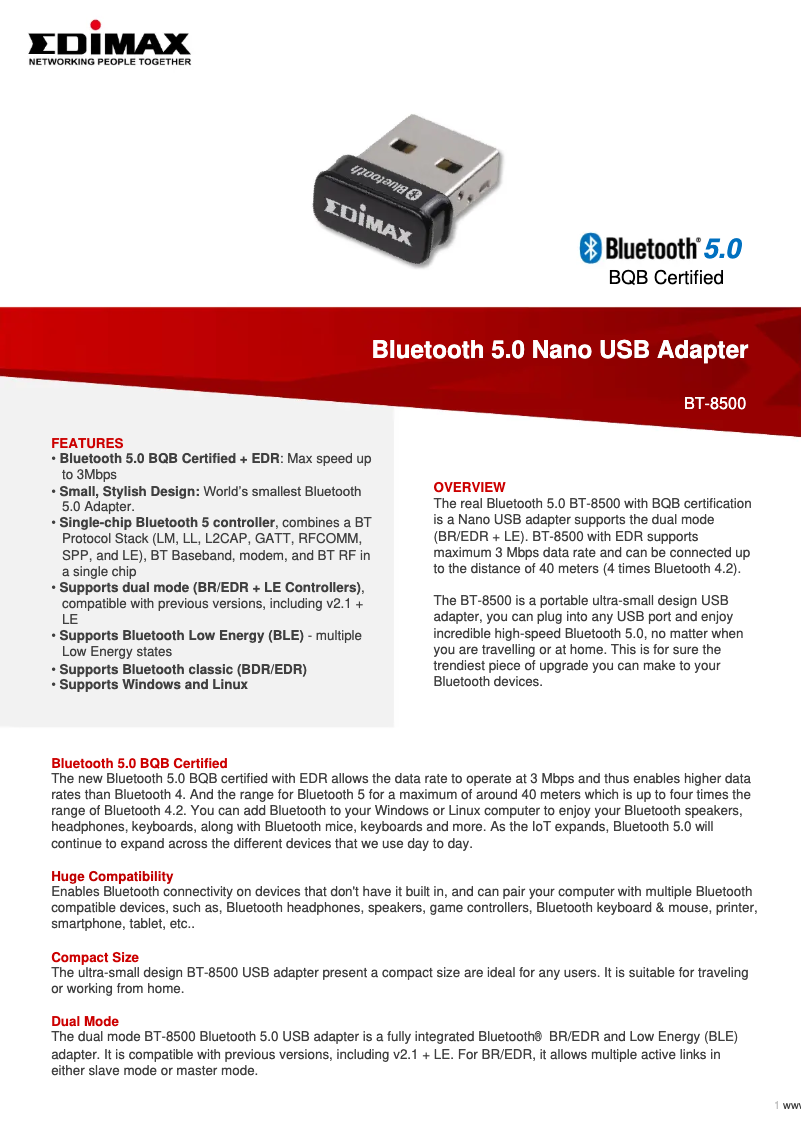 Page n°1 - Fiche technique Edimax BT-8500