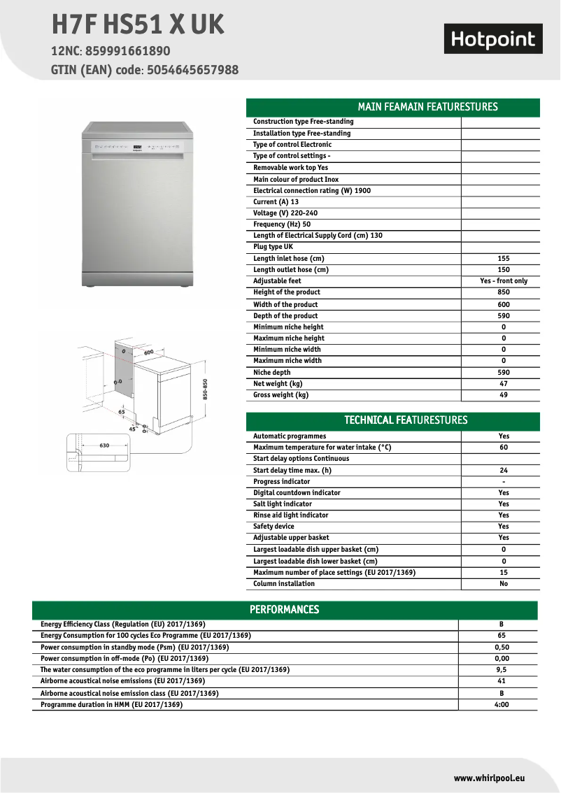 Page 1 de la notice Fiche technique Hotpoint H7F HS51 X UK