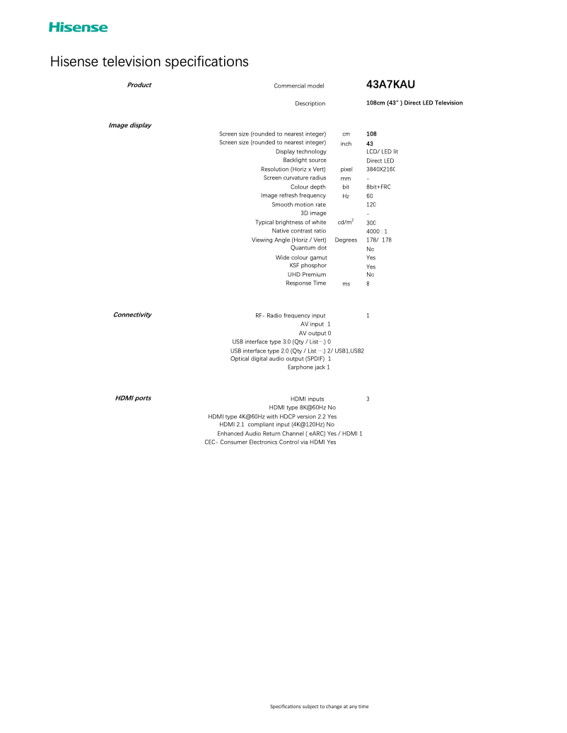 Page 1 de la notice Fiche technique Hisense 43A7KAU