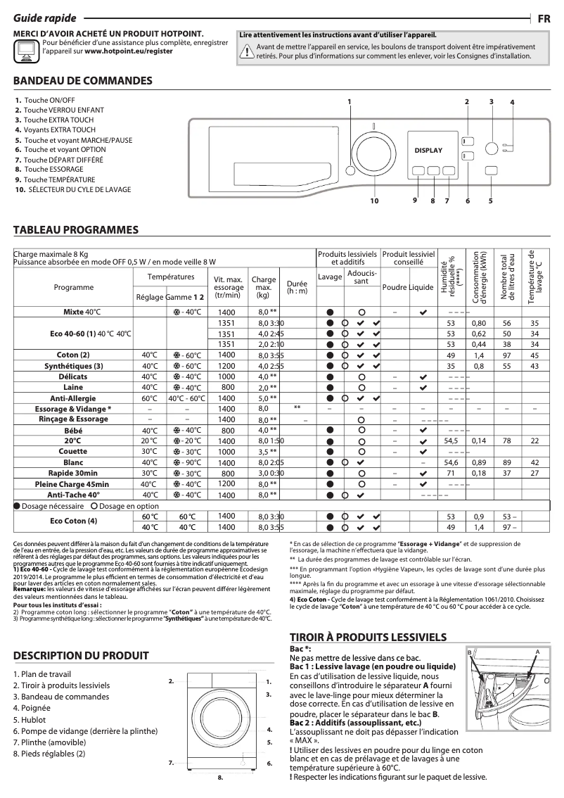 Page 1 de la notice Manuel utilisateur Hotpoint NSH843CWWFR N