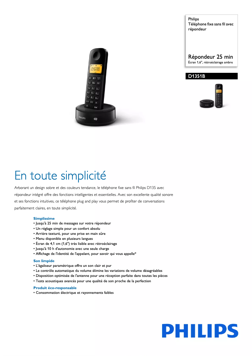 Page 1 of the manual Technical Sheet Philips D1351B