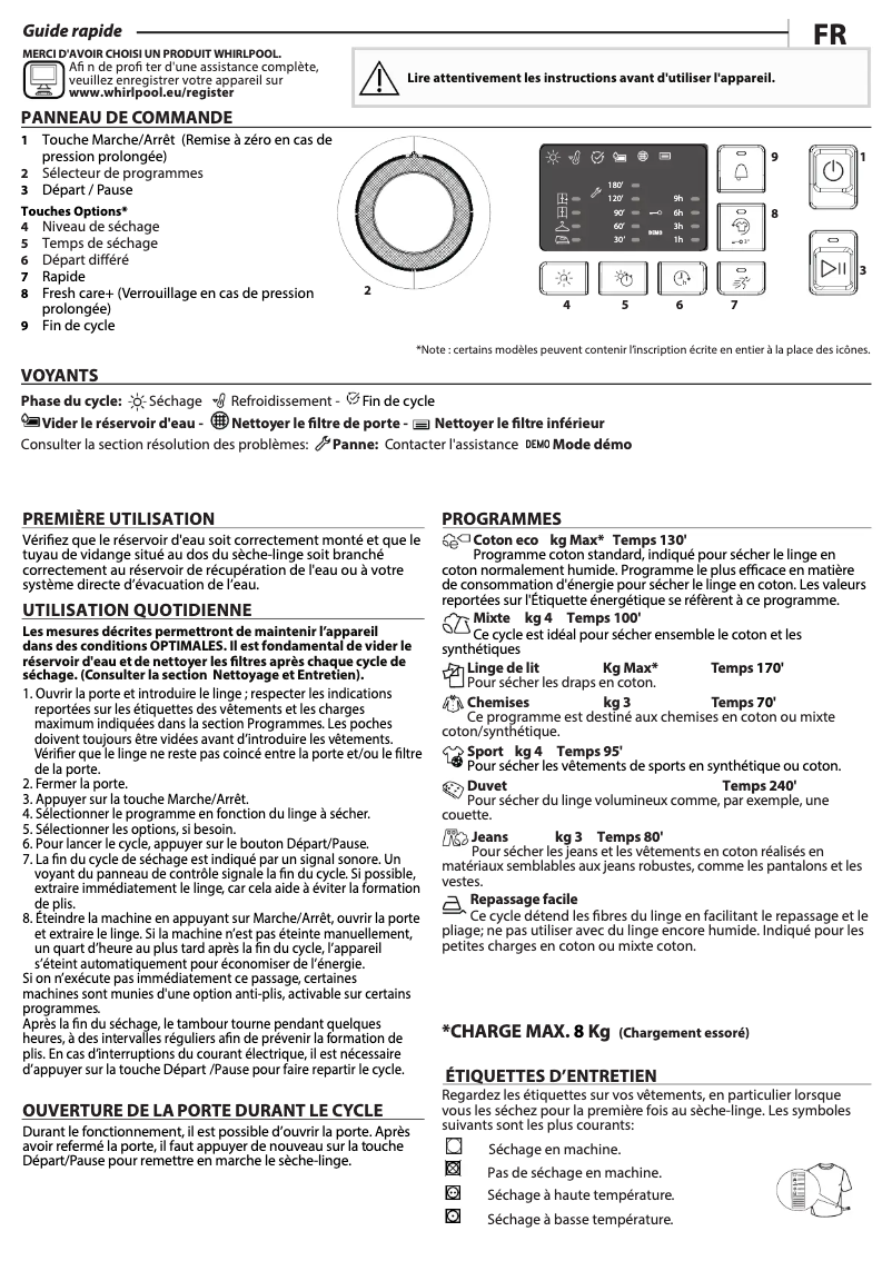 Page 1 de la notice Manuel utilisateur Whirlpool FT CM10 8B FR