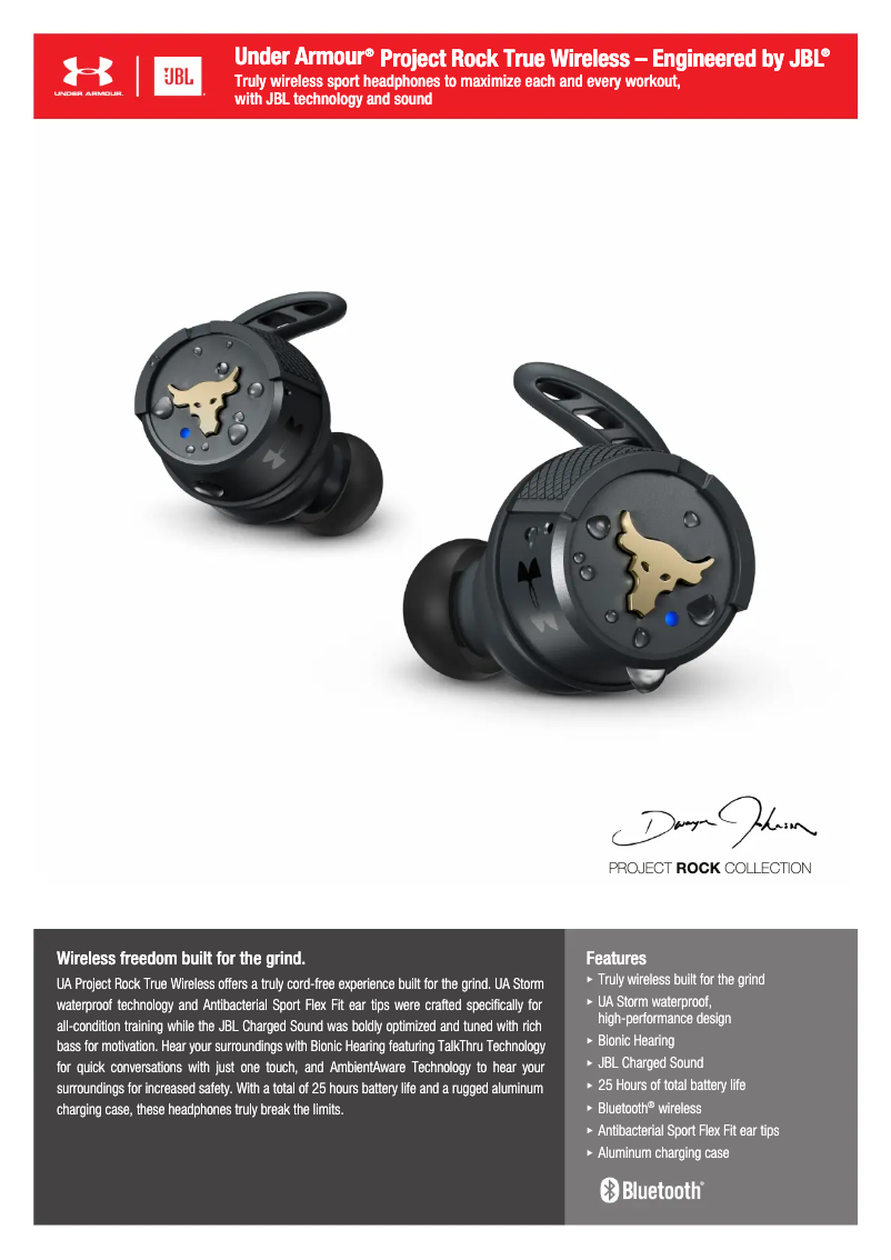 Page 1 de la notice Fiche technique JBL UA Project Rock True Wireless