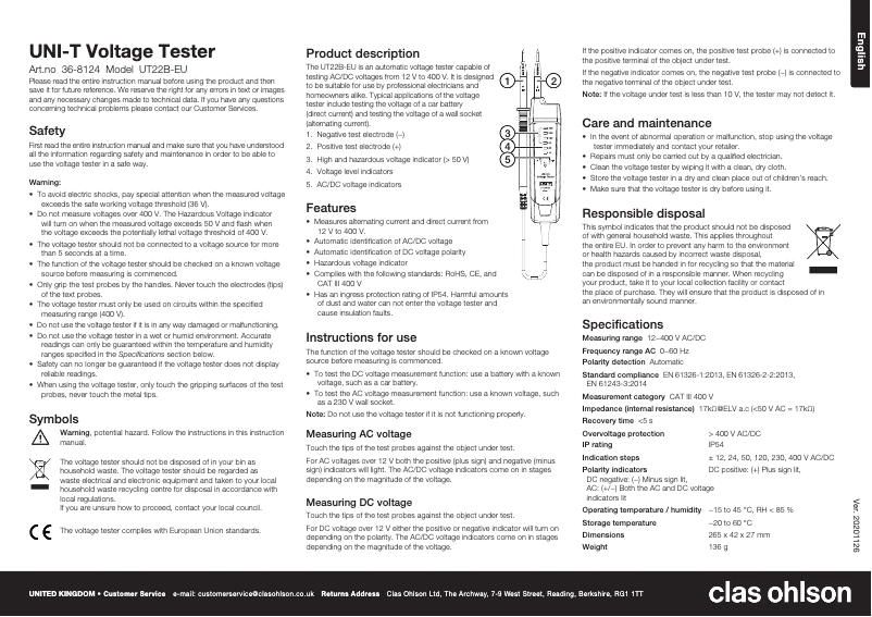 Page n°1 - Manuel utilisateur Uni-T UT22B-EU