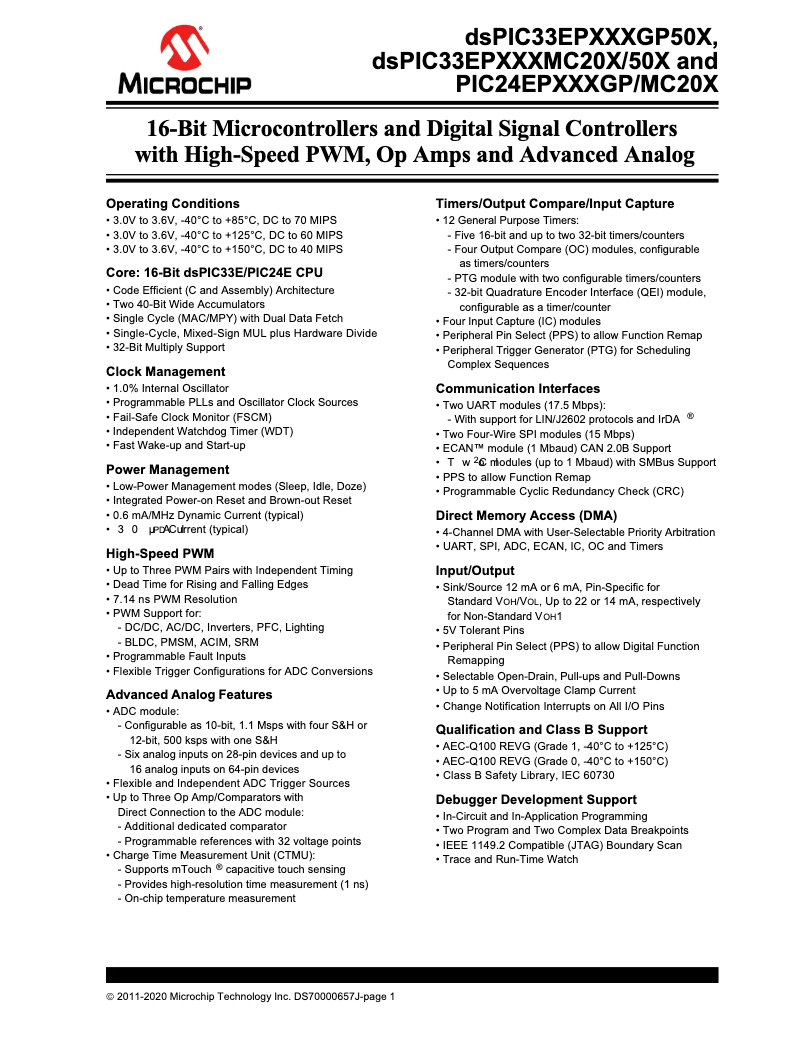 Page 1 de la notice Fiche technique Microchip dsPIC33EP64MC203