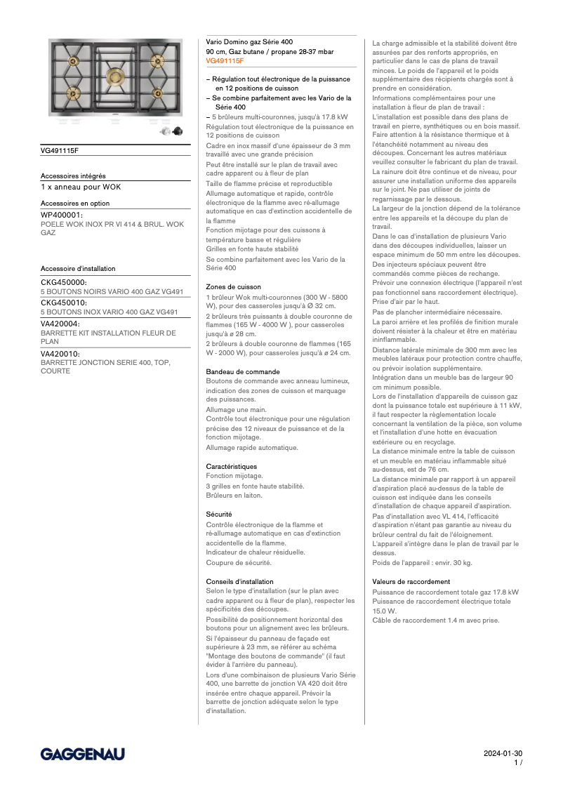 Page 1 de la notice Fiche technique Gaggenau VG491115F