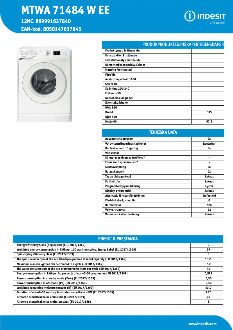 Page 1 de la notice Fiche technique Indesit MTWA 71484 W EE