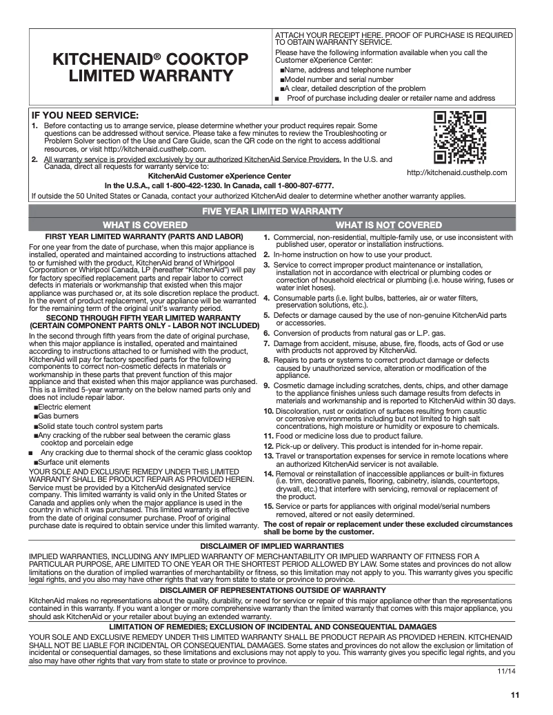 Página 1 del manual Información de garantía KitchenAid KCED600GSS