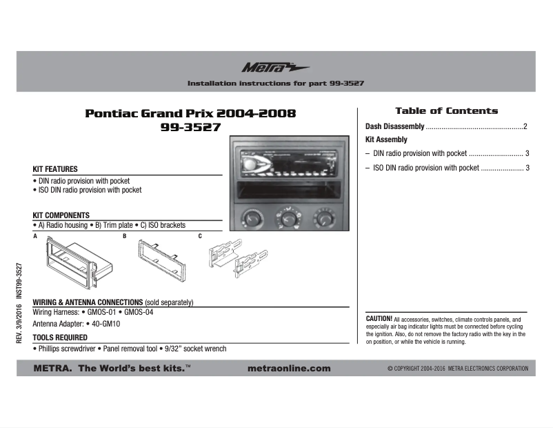 Page n°1 - Manuel utilisateur Metra 99-3527