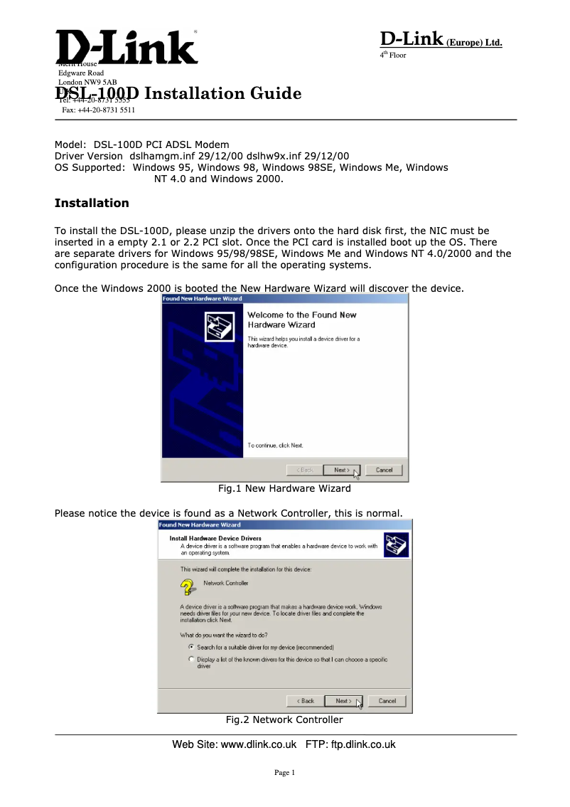 Page n°1 - Guide d'installation D-Link DSL-100D