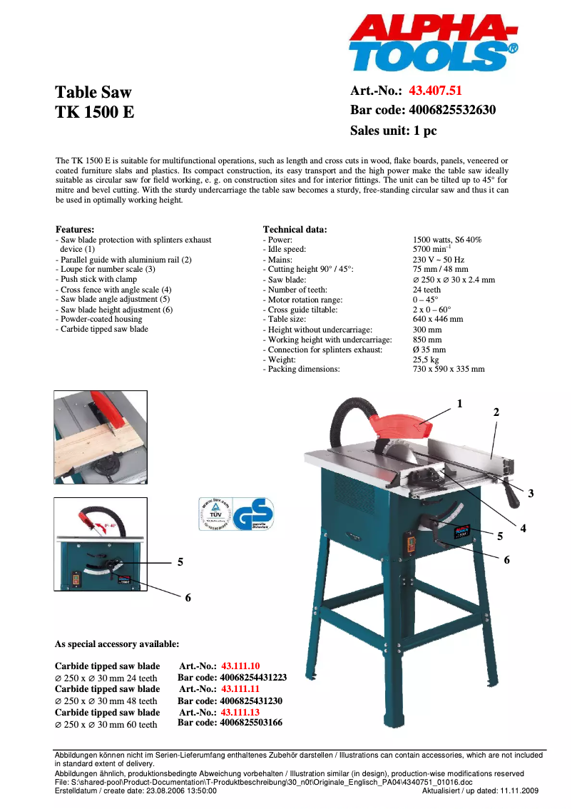 Image de la première page du manuel de l'appareil TK 1500 E
