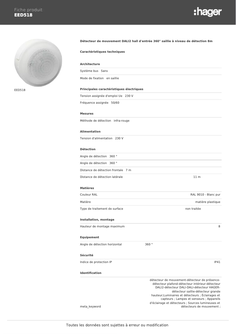 Page 1 de la notice Fiche technique Hager EED518