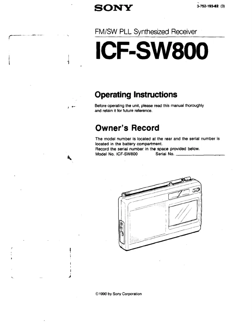 Image de la première page du manuel de l'appareil ICF-SW800