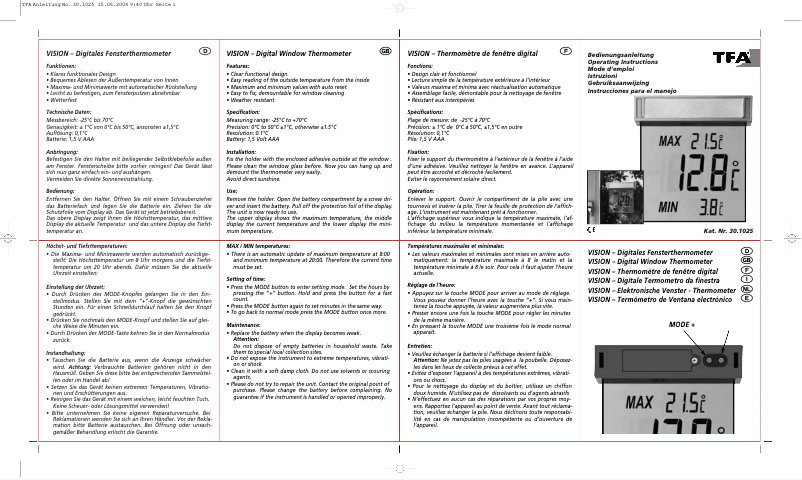 Page n°1 - Manuel utilisateur TFA Vision 30.1025