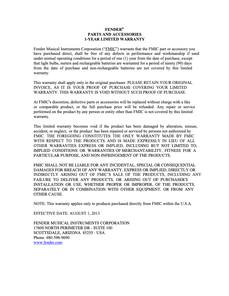 Page n°1 - Informations de garantie Fender The Pelt Fuzz
