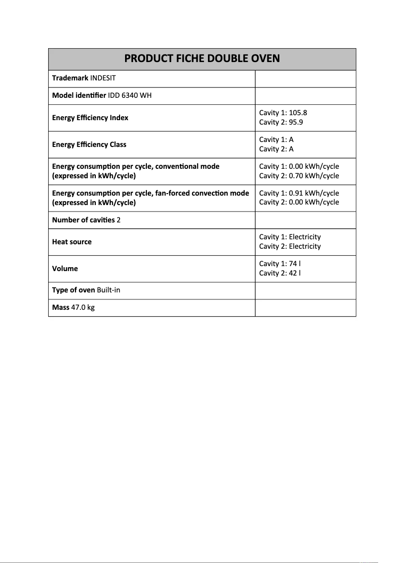Page 1 de la notice Fiche technique Indesit IDD 6340 WH