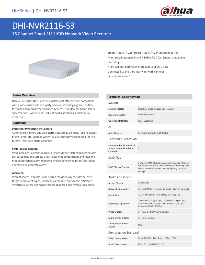 Page n°1 - Fiche technique Dahua Technology NVR2116-S3