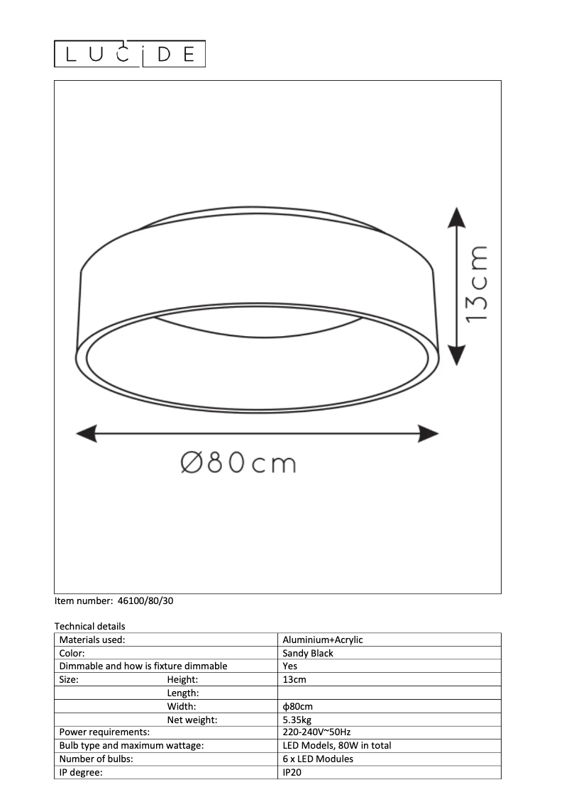 Page 1 de la notice Manuel utilisateur Lucide Talowe 46100/80/30