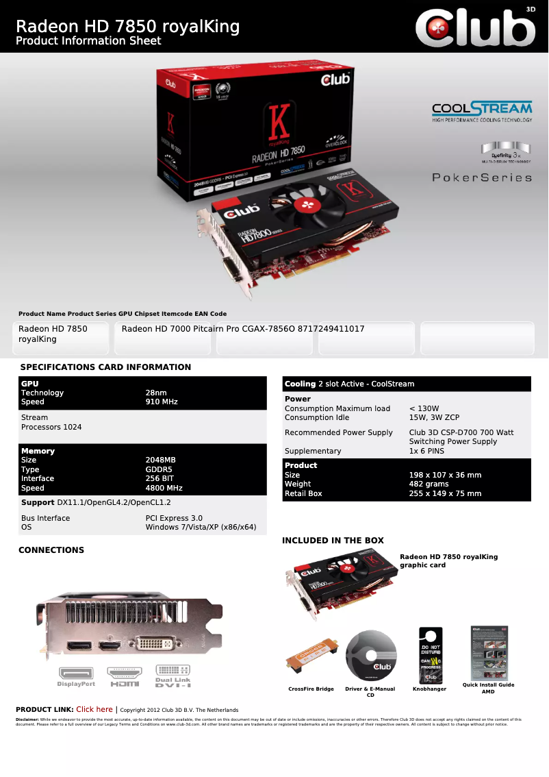 Page 1 de la notice Manuel utilisateur CLUB3D Radeon HD 7850 royalKing