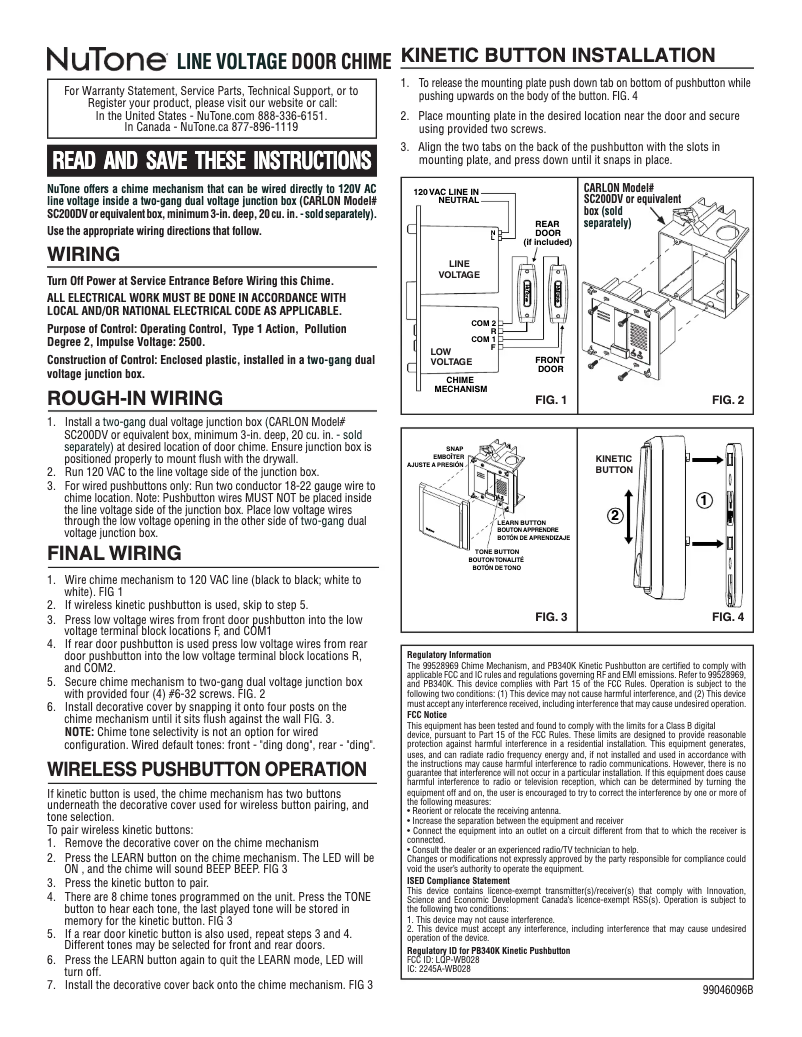 Page n°1 - Guide d'installation NuTone PB340K