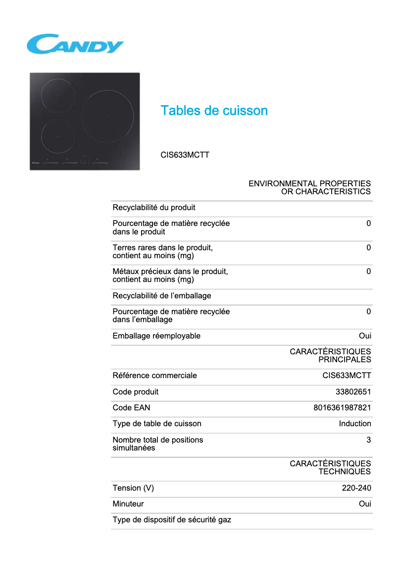 Page n°1 - Fiche technique Candy CIS633MCTT