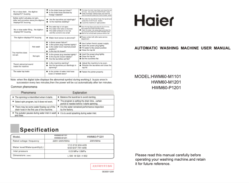 Page 1 de la notice Manuel utilisateur Haier HWM60-M1201