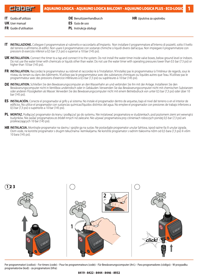 Page 1 de la notice Manuel utilisateur Claber Logica Plus 8423