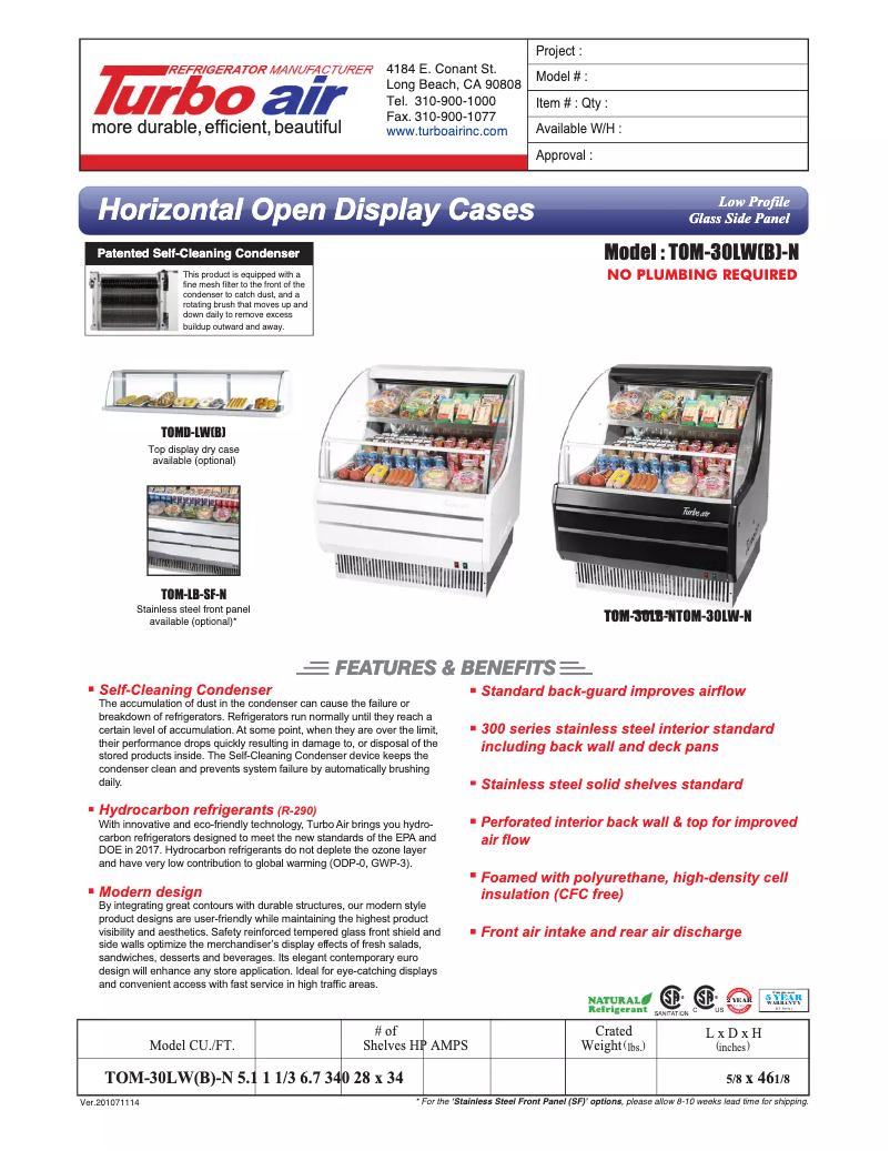 Página 1 del manual Ficha técnica Turbo air TOM-30L