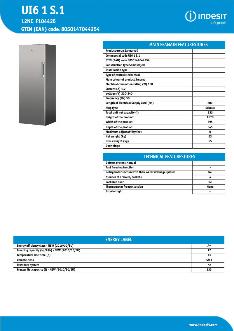 Page 1 de la notice Fiche technique Indesit UI6 1 S.1