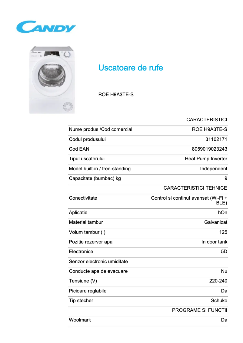 Page 1 de la notice Fiche technique Candy ROE H9A3TE