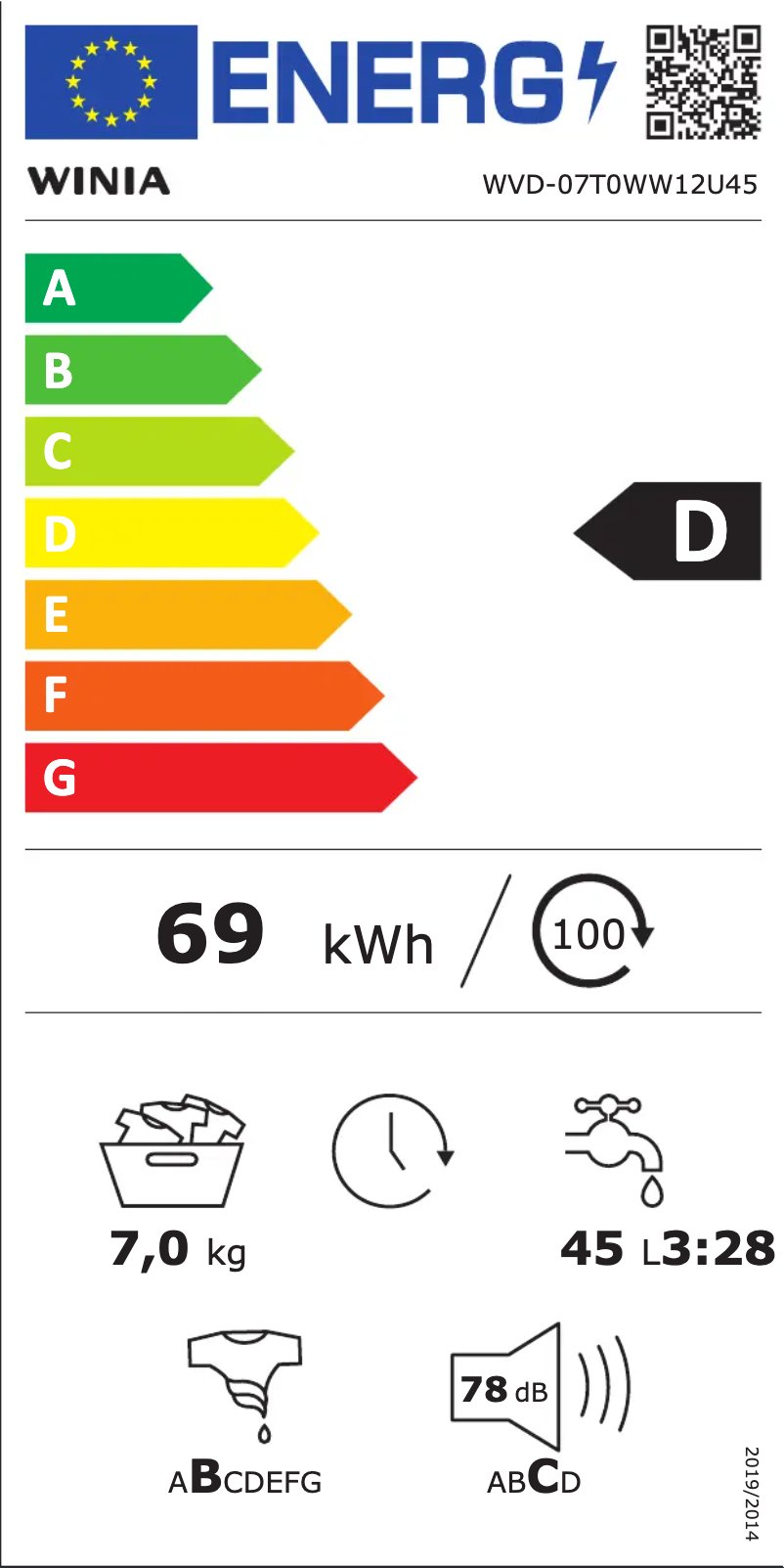 Page 1 de la notice Label énergétique Winia WVD-07T0WW12U45