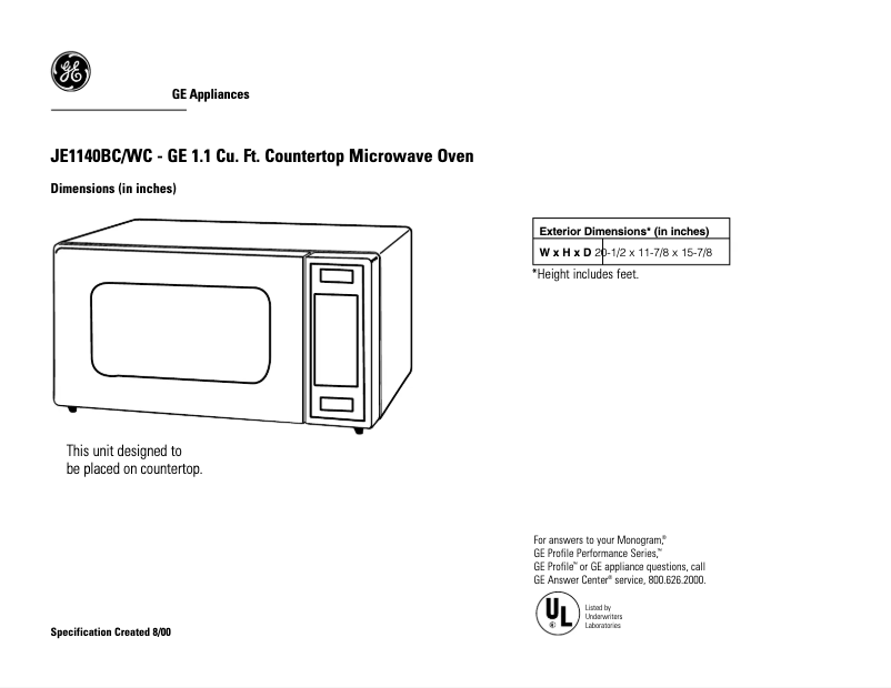 Page n°1 - Fiche technique GE JE1140BC