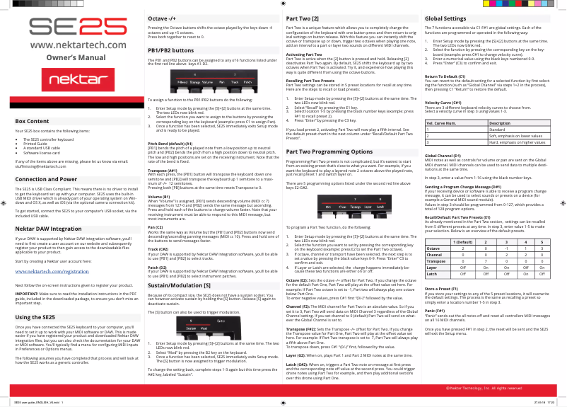Page n°1 - Manuel utilisateur Nektar SE25