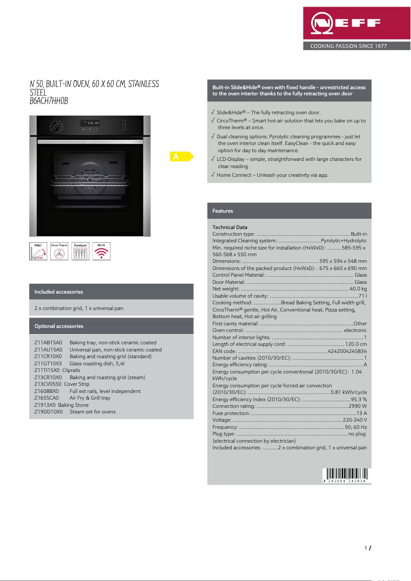 Page 1 de la notice Fiche technique Neff B6ACH7HH0B