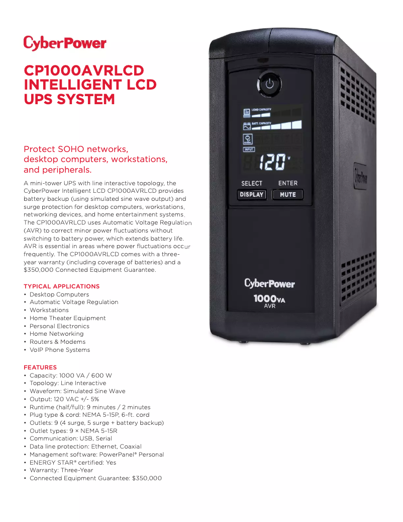 Page n°1 - Fiche technique CyberPower CP1000AVRLCD