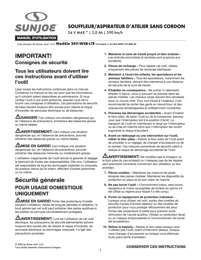 Page n°1 - Manuel utilisateur Sun Joe 24V-WSB-LTE
